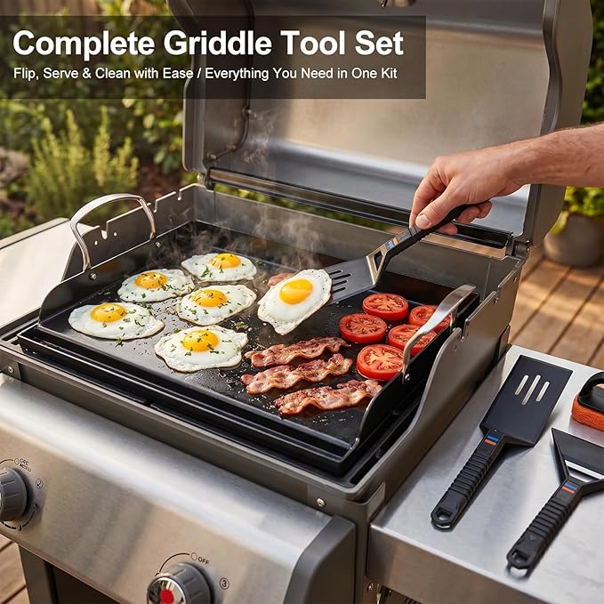 17 x 13 in Cast Iron Griddle for Gas Grill, Nano Ceramic Nonstick Flat Top Grill Plate with 5-Piece Tool Kit, Grease Groove, High Sidewalls, Handles, for Charcoal, Stove Top, Camping