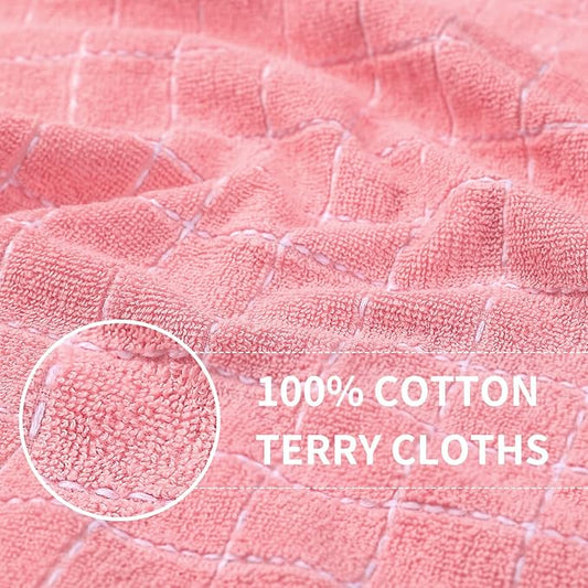 Homaxy 100% Cotton Terry Kitchen Towels(Pink, 13 x 28 inches), Checkered Designed, Soft and Super Absorbent Dish Towels, 24 Pack