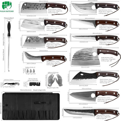 FULLHI 17pcs Butcher Chef Knife Set with Sheath High Carbon Steel Cleaver Kitchen Knife Whole Tang Vegetable Cleaver for Home BBQ Camping with Knife Bag