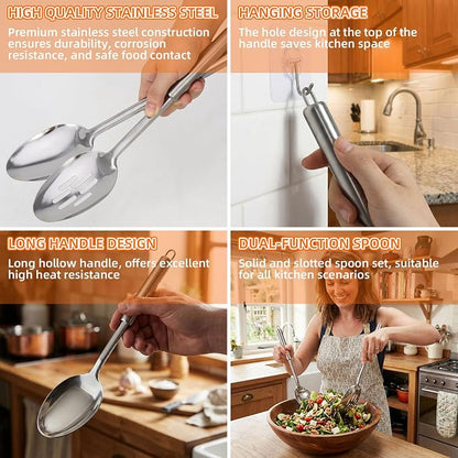 Stainless Steel Serving Spoon,Solid Slotted Spoon,Cooking Spoons Set, Kitchen Utensils Set For Mixing, Serving, Stiring Large Spoons