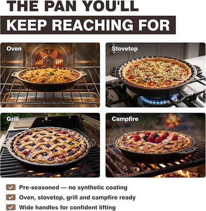 KUHA Cast Iron Pie Pan | Pre-Seasoned Round Cast Iron Pan for Apple, Pumpkin & Cherry Pies, Quiche & Tarts | For Baking & Serving | Silicone Trivet Included | 9", 2" Deep