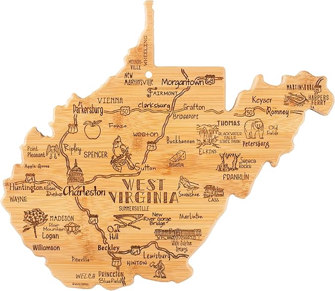 Totally Bamboo Destination West Virginia Shaped Cutting Board – Bamboo Charcuterie and Serving Board with Hang Tie for Wall Display