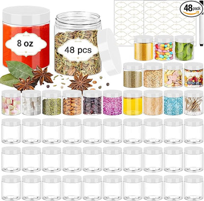PeacePeo 8 OZ Plastic Jars, 48 Pcs Clear Plastic Jars with Lids Stackable Leakproof Storage Containers Jar Clear Empty Slime Containers with White Lids for Kitchen and Household Food Storage
