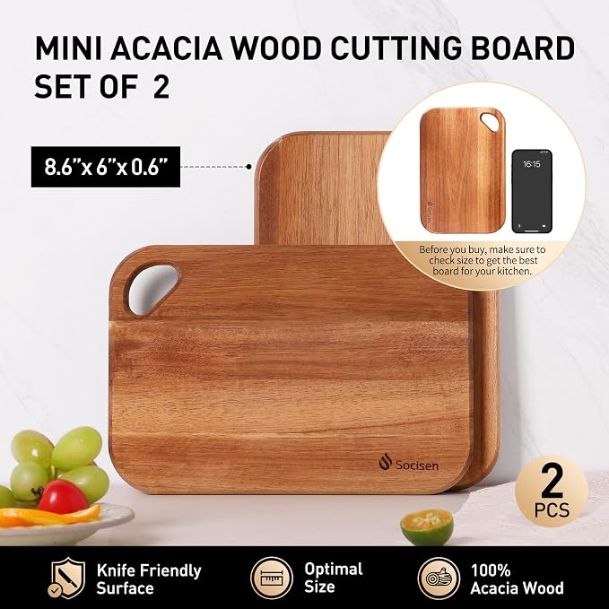 2 Pack Small Acacia Wood Cutting Board for Kitchen 8.6" x 6" Mini Wooden Charcuterie Boards Lightweight Chopping Board Non Toxic Serving Board Tiny Chef Set Camping Fruit Lemon Sandwich Cheese Board
