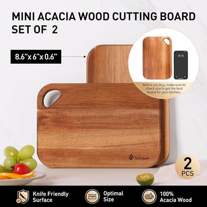 2 Pack Small Acacia Wood Cutting Board for Kitchen 8.6" x 6" Mini Wooden Charcuterie Boards Lightweight Chopping Board Non Toxic Serving Board Tiny Chef Set Camping Fruit Lemon Sandwich Cheese Board
