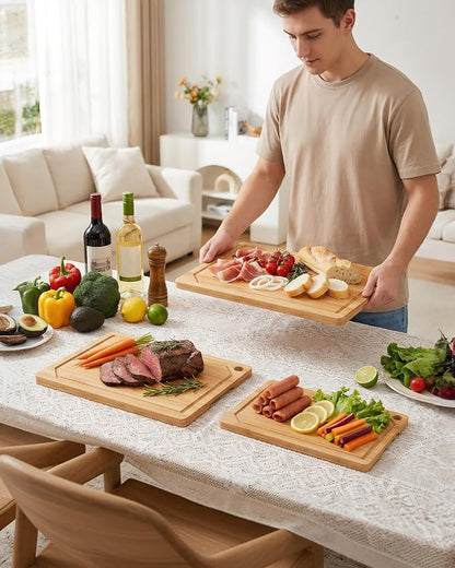 Kitchen Cutting Board Set - 3-Piece Wooden Cutting Boards for Kitchen with Juice Groove, Handles, Hang Holes, Stylish Kitchen Essentials for Chpping & Serving, Natural, 0.4"Th - (XL+M+S)