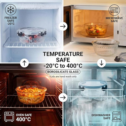 Glass Food Storage Containers with Lids, 12 Piece Glass Meal Prep Containers Set, Airtight Leakproof Snap Lock Lids, BPA-Free, Freezer Microwave Oven Dishwasher Safe, Ribbed Glass Containers