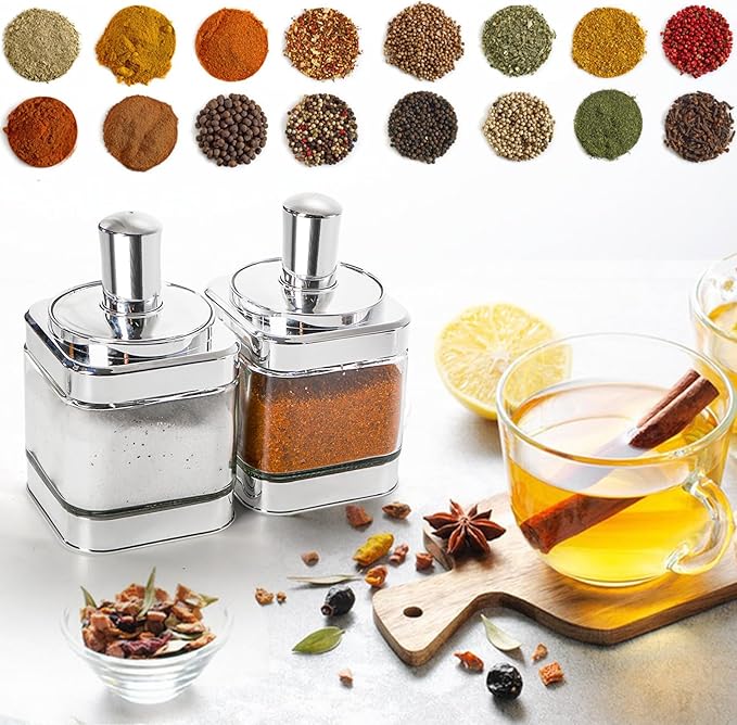 2 Pack Glass Condiment Pot, 12 Ounce Spice Jars with Spoon, Seasoning Box Set Salt Container, Sugar Dispense, Kitchen Containers for Flour and Sugar (Silver)