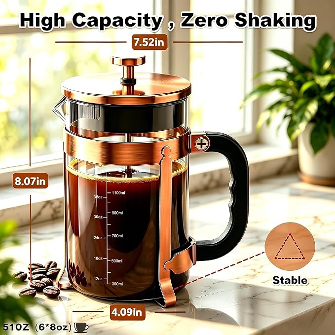 QUQIYSO French Press Coffee Maker, Large French Press with Thick Borosilicate Glass, 304 Stainless Steel Filter, Teapot & Coffee Maker for Home, Office, Party, 51oz, Copper