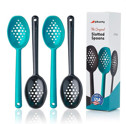 Olive and Pickle Spoon Set of 4, 7-Inch Small Slotted Serving Utensils for Jars, Teal and Black, Perfect for Olives, Pickles, Capers, Pepperoncini, Cherries, Dishwasher Safe, Made in USA by Pikanty