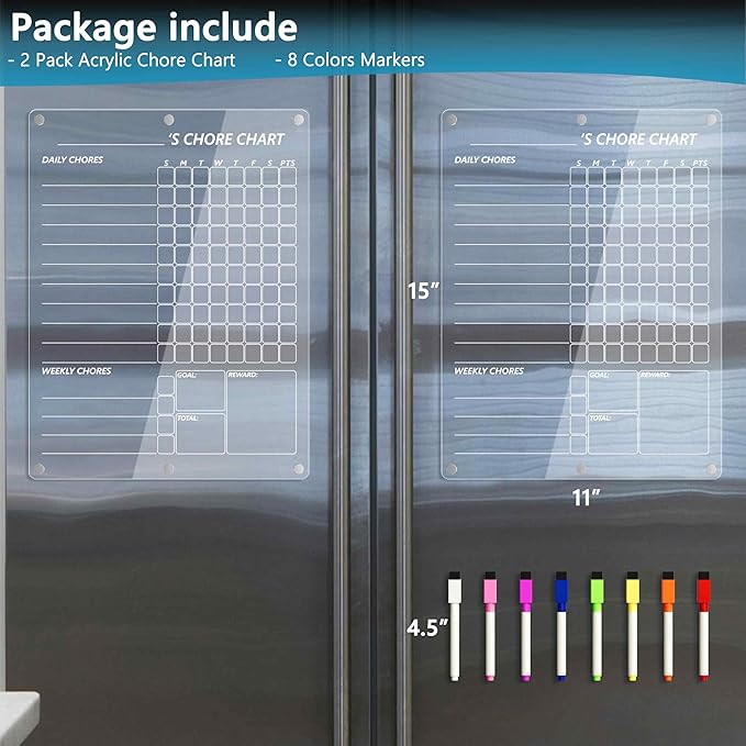 Neatsure Acrylic Magnetic Chore Chart for 2 Kids, Clear Chores Chart for Fridge Refrigerator, Weekly Dry Erase Board for Multiple Kids Teens Adults, w/ 8 Colors Markers, 15"x11"