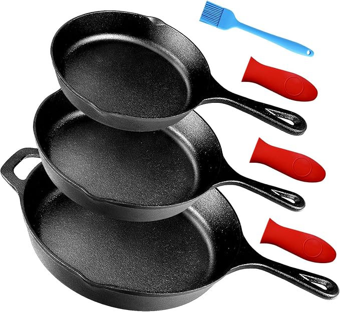Suteck Cast Iron Skillets 3 piece set | 6", 8" & 10" Pre-Seasoned Cast Iron Pan with 3 Silicone Heat-Resistant Holders - Indoor and Outdoor Use - Oven Grill Stovetop Induction Safe Cookware