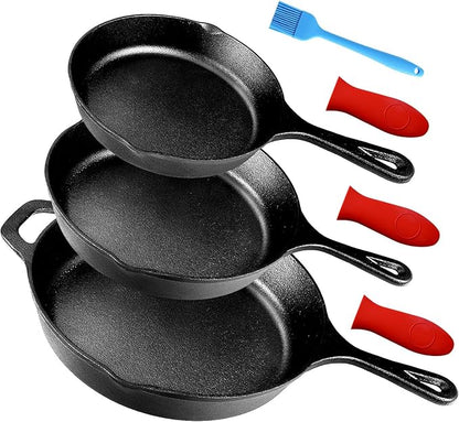 Suteck Cast Iron Skillets 3 piece set | 6", 8" & 10" Pre-Seasoned Cast Iron Pan with 3 Silicone Heat-Resistant Holders - Indoor and Outdoor Use - Oven Grill Stovetop Induction Safe Cookware