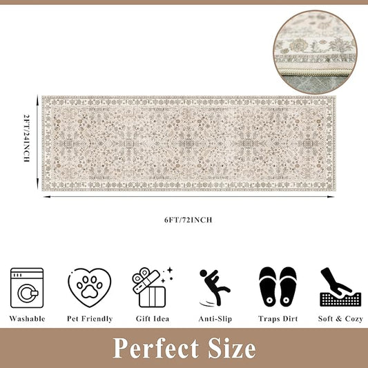 2x6 Washable Kitchen Runner Rug – Boho Vintage Non-Slip Carpet Runner for Hallway, Entryway, Bedroom & Bathroom – Soft Low-Pile Thin Area Rug with Rubber Backing (Beige,2x6)