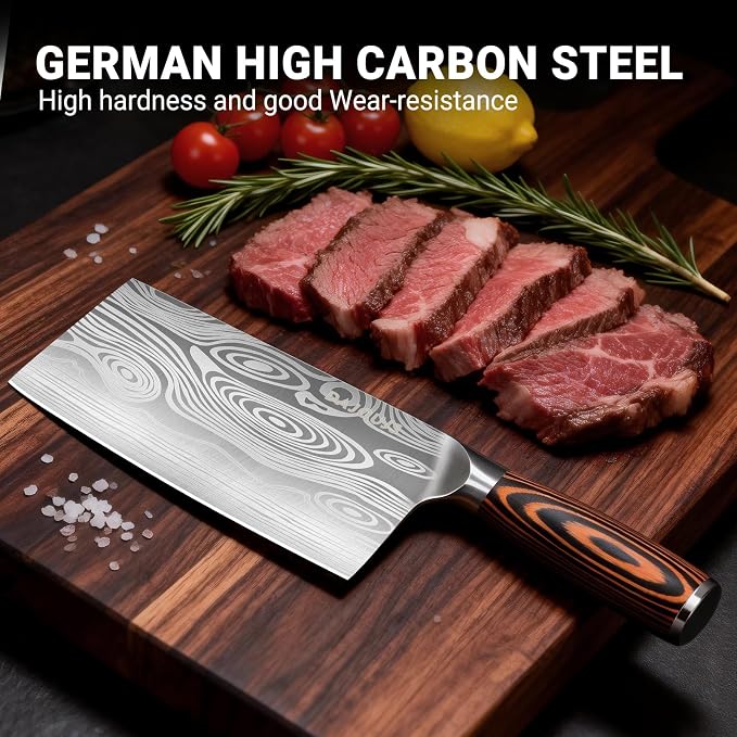 Meat Cleaver Knife Ultra Sharp Kitchen Knife 8 Inch, High Carbon Stainless Steel Butcher Knife with Wooden Handle, Chinese Cleaver for Meat Cutting Vegetable Slicing Perfect Birthday Gifts