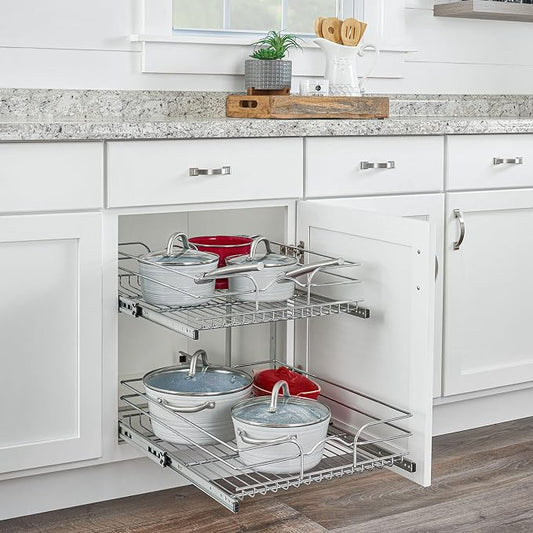 Rev-A-Shelf 2-Tier Pullout Shelf and Drawer Organizer for Kitchen Cabinets, Slide Out Storage Basket, Min Opening Width of 20.5", 21" x 22", 5WB2-2122CR-1