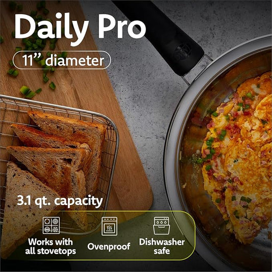 A by AMC - Daily Pro Stainless Steel Cookware Set with Smart Temperature Guidance - 11" Frying Pan with Lid + Digital Cooking Assistant - Even Heat Akkutherm Base - Induction Compatible