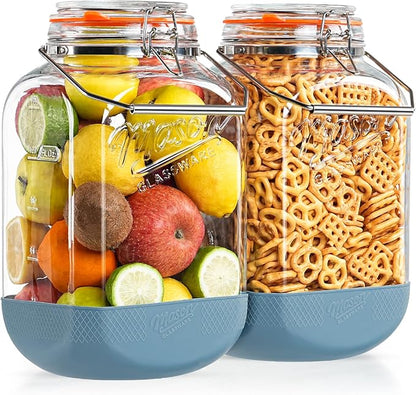 [NEW] 2 Pack Square 1.5 Gallon Glass Jar with Hinged Airtight Lid, Large Mason Jars Wide Mouth with Handle, Glass Storage Containers with Non-slip Base for Pantry, Laundry Room, Flour, Rice, Dog Treat