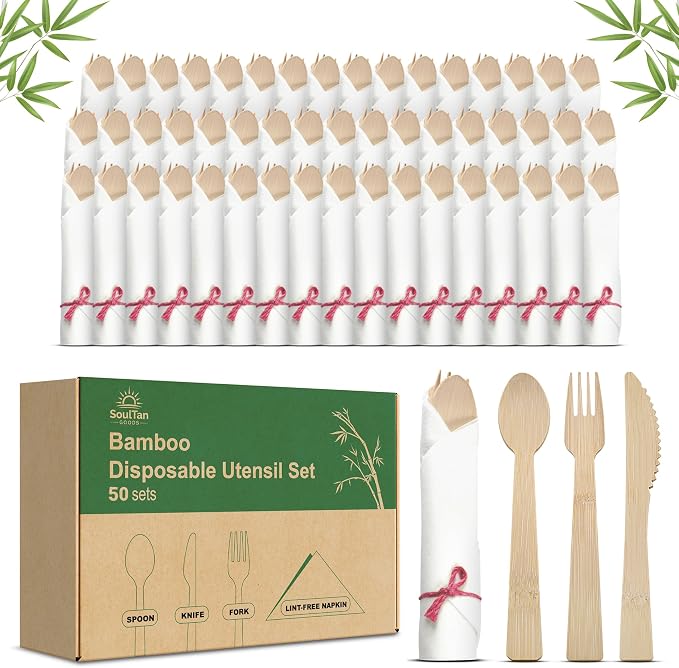 Prerolled Disposable Bamboo Cutlery Set – 50 Pack Pre Wrapped Silverware and Napkin Bundle with Forks, Knives, Spoons for Parties, Weddings, Events, and BBQ (Pink String)