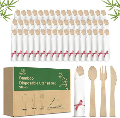 Prerolled Disposable Bamboo Cutlery Set – 50 Pack Pre Wrapped Silverware and Napkin Bundle with Forks, Knives, Spoons for Parties, Weddings, Events, and BBQ (Pink String)