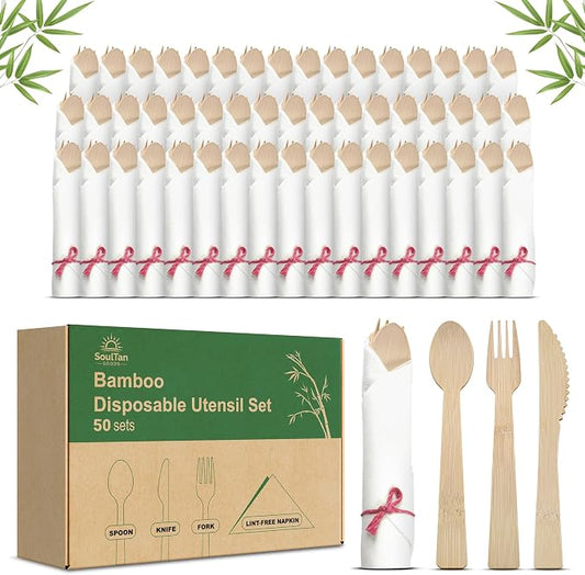 Prerolled Disposable Bamboo Cutlery Set – 50 Pack Pre Wrapped Silverware and Napkin Bundle with Forks, Knives, Spoons for Parties, Weddings, Events, and BBQ (Pink String)