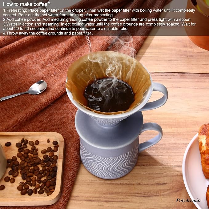 Pour Over Coffee Maker with 100 Sheets of Paper Filter, 15 oz Ceramic Coffee Mug & Ceramic Coffee Dripper, 1 Cup-Single brew coffee set, Purple