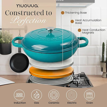 Shallow Cast Iron Casserole with Lid – Non Stick Dutch Oven Pot, Oven Safe up to 500° F – Sturdy Ovenproof Stockpot Cookware – Enamelled Cooking Pot – Teal, 5-Quart, 32cm – by Nuovva