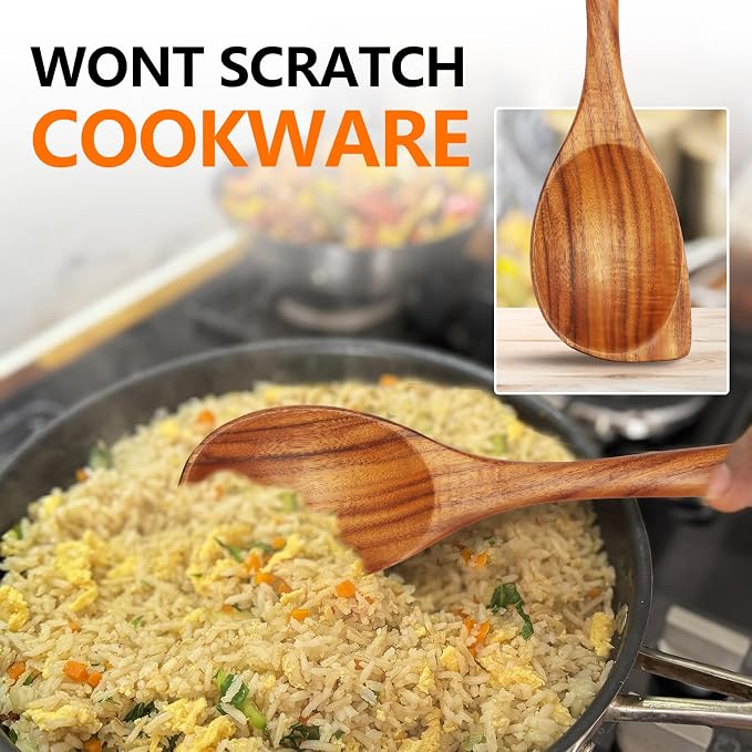 Wooden Spoons for Cooking, Natural Teak Wood Spoon and Spatula, Heat Resistant Non Scratch Utensils for Nonstick Pans, Large Cooking Spoons with Good Grip for Stirring, Serving, Salad