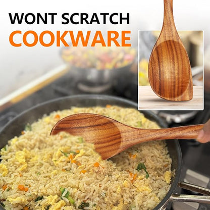 Wooden Spoons for Cooking, Natural Teak Wood Spoon and Spatula, Heat Resistant Non Scratch Utensils for Nonstick Pans, Large Cooking Spoons with Good Grip for Stirring, Serving, Salad