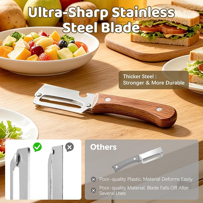 2 Pack 2-in-1 Vegetable Peeler with Bottle Opener - Stainless Steel Blade, Wooden Handle, Heavy Duty Peeler for Potato, Carrot, Pineapple, Pumpkin, Sugarcane(Left and Right Combo)