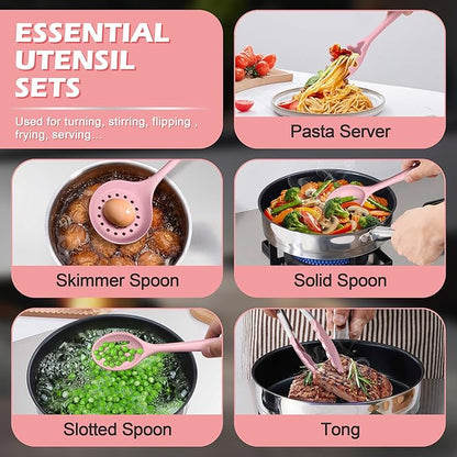Homikit 15-Piece Kitchen Utensil Set, Silicone Cooking Utensils Spatula Set with Holder for Nonstick Cookware, Heat Resistant Kitchen Tools Gadgets for Cooking and Baking-Pink
