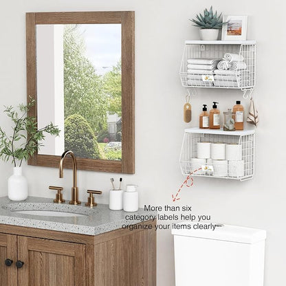 Goozii Wall Mount Bathroom Storage Basket, Fruit Produce and Vegetable Baskets for Kitchen Counter, Hanging Wire Storage Basket for Laundry Room Bedroom Closet Pantry Boys Girls Room (White)