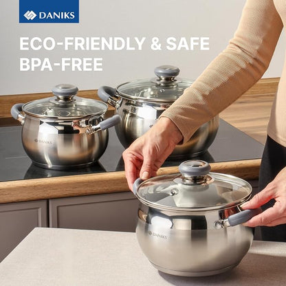 Daniks Modern 6-Piece Stainless Steel Cookware Set with Glass Lids, Tri-Ply Bases for Even Heating, Induction Compatible, Dishwasher Safe, Heatproof Handles