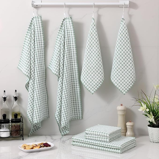 Homaxy Kitchen Towels and Dishcloths Set, 16 x 25 and 12 x 12 Inches, Set of 8 Cotton Terry Kitchen Dish Towels, Super Soft and Absorbent Dish Cloths, Grass Green