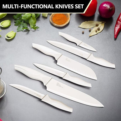 E-far Knife Set with Block, 15 Pieces Kitchen Knife Block Set with Sharpener, High Carbon Stainless Steel Sharp Chef Knife Set with Ergonomic Handles, Anti Rust, White