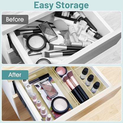 WOWBOX 25 PCS Plastic Drawer Organizer Set, 4 Sizes Desk Drawer Divider Organizers and Storage Bins for Makeup, Jewelry, Gadgets for Kitchen, Bedroom, Bathroom, Office, Clear Champagne