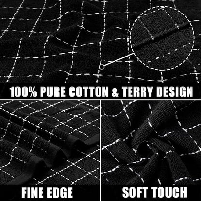 Mordimy 100% Cotton Terry Cloth Dish Cloths, Soft and Absorbent Checkered Dish Towels, Quick Drying Dish Rags for Washing Dishes, 8 Pack, 12 x 12 Inches, Black