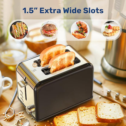 Simple Deluxe Stainless Steel 2-Slice Toaster, 6 Browning Setting and 3 Function Toaster, Extra Wide Slot, for Bread & Waffle, Black
