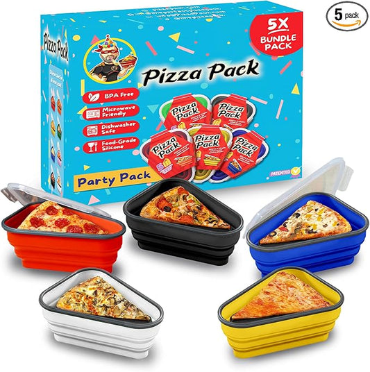 PIZZA PACK The Perfect Reusable Pizza Storage Container with 5 Microwavable Serving Trays - BPA-Free Adjustable Pizza Slice Container to Organize & Save Space, 5 Pack, Party