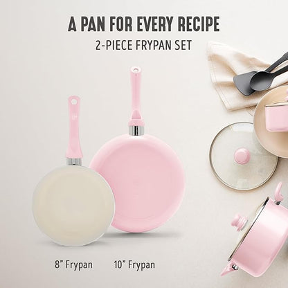 GreenLife 2-Piece Nonstick Frying Pan Set, 8” & 10” Skillets, Non-Toxic Ceramic Cookware, Dishwasher Safe, Stay-Cool Handles, Induction Ready, Fast Heating, Omelet Pan, PFAS Free, Blush Pink
