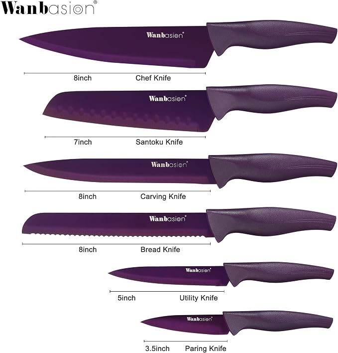 Wanbasion Purple Stainless Steel Knife Set, Sharp Kitchen Knife Set Professional, Kitchen Knife Set Dishwasher Safe with Covers for Cooking