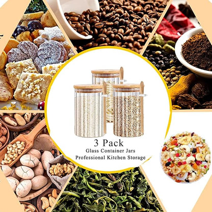 Steviieden 25 FL OZ Airtight Glass Jars with Bamboo Spoons Lids Overnight Oats Container Decorative Coffee Bar Food Storage Jar Cereal Nuts Salts Coffee Tea Flour Sugar Container Spice Jars