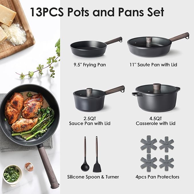SENSARTE 13Pcs Pots and Pans Set Nonstick Cookware Set Kitchen Cooking Frying Pans with Stay-cool Handle, Dishwasher Safe, Induction Compatible, PFOA/PFOS Free, Black