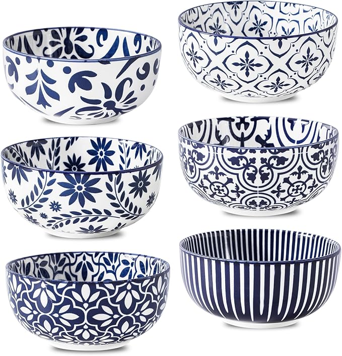 glowworm Cereal Bowls Set of 6, 26 Oz Porcelain Soup Bowls for Kitchen, Vintage Bowl Set for Rice, Oatmeal, Ice Cream, Dessert, Dishwasher & Microwave safe, Bohemian Blue & White