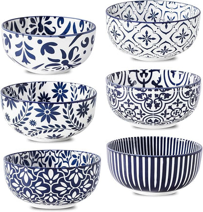 glowworm Cereal Bowls Set of 6, 26 Oz Porcelain Soup Bowls for Kitchen, Vintage Bowl Set for Rice, Oatmeal, Ice Cream, Dessert, Dishwasher & Microwave safe, Bohemian Blue & White