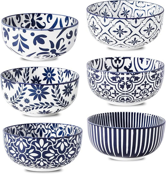 glowworm Cereal Bowls Set of 6, 26 Oz Porcelain Soup Bowls for Kitchen, Vintage Bowl Set for Rice, Oatmeal, Ice Cream, Dessert, Dishwasher & Microwave safe, Bohemian Blue & White