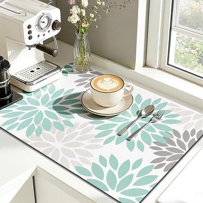 Findosom Floral Dish Drying Mat, 12" x 20" Super Absorbent & Hide Stain Coffee Mat, Cuttable Drying Mat for Kitchen Counter, Under Dish Rack, Coffee Maker, Espresso Machine, Teal