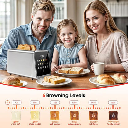 Smart Toaster 2 Slice with Touchscreen, 900W Stainless Steel Wide Slot 1.5 Inch, BreadID Tech Live Countdown Timer, Memory Function, Defrost Reheat for Bagel Waffle Bread, Kitchen Essentials