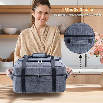 BAGSPRITE Double-Layer Slow Cooker Carrying Bag for 6-8 Quart CrockPot and Hamilton Beach Slow Cookers, Travel Bag with Lid Fastener for Crock-pot, Portable Carrier Case, Grey