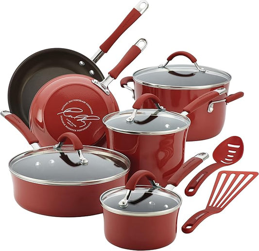 Rachael Ray Cucina Nonstick Cookware, Cranberry Red Pots and Pans Set, 12-Piece